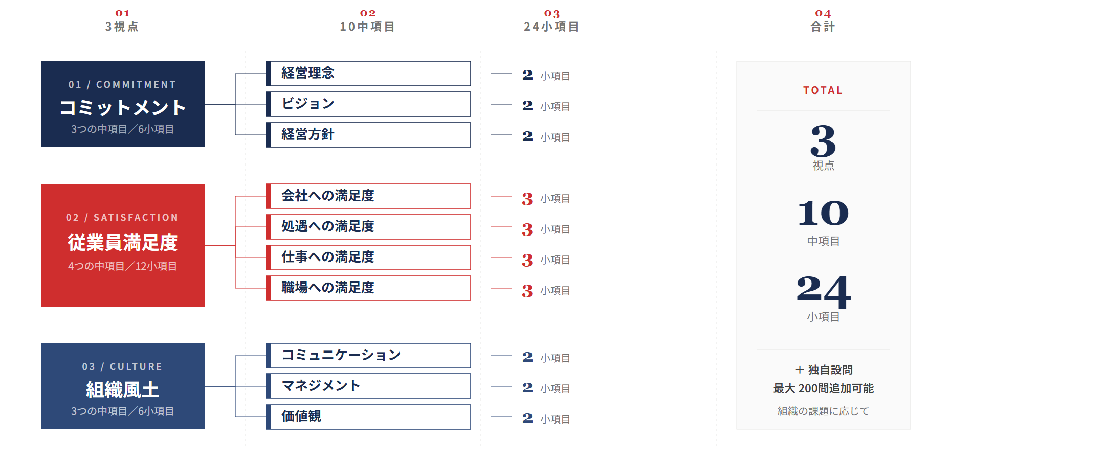 VOISE 調査領域マップ：3視点 × 10中項目 × 24小項目に加え、独自設問を最大200問まで追加可能